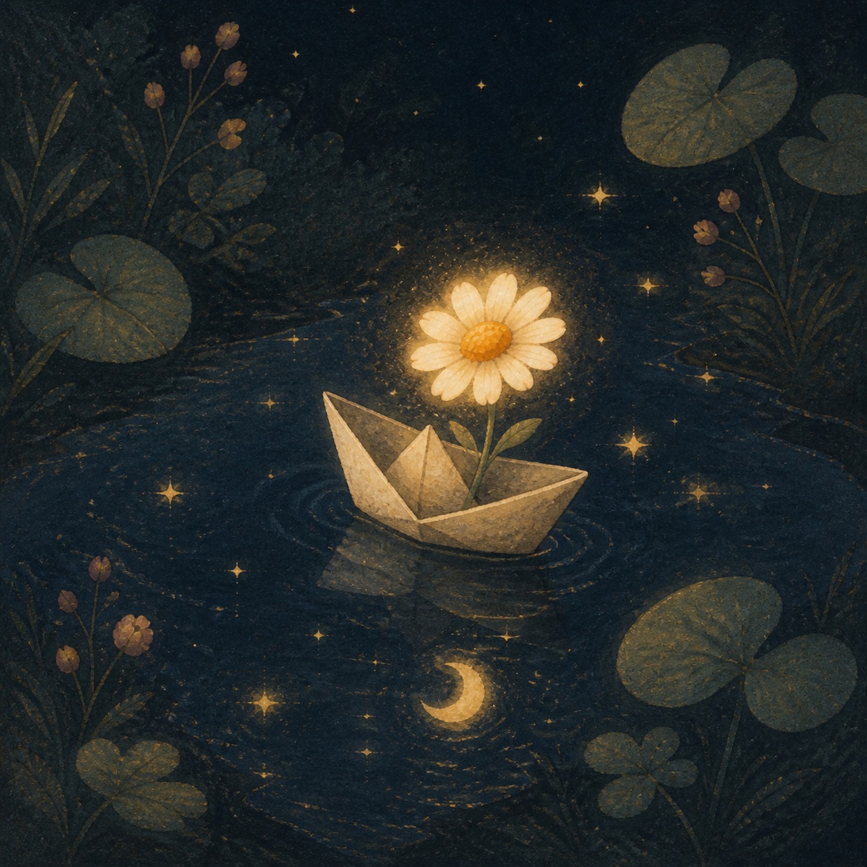 A paper boat carrying a glowing chamomile flower