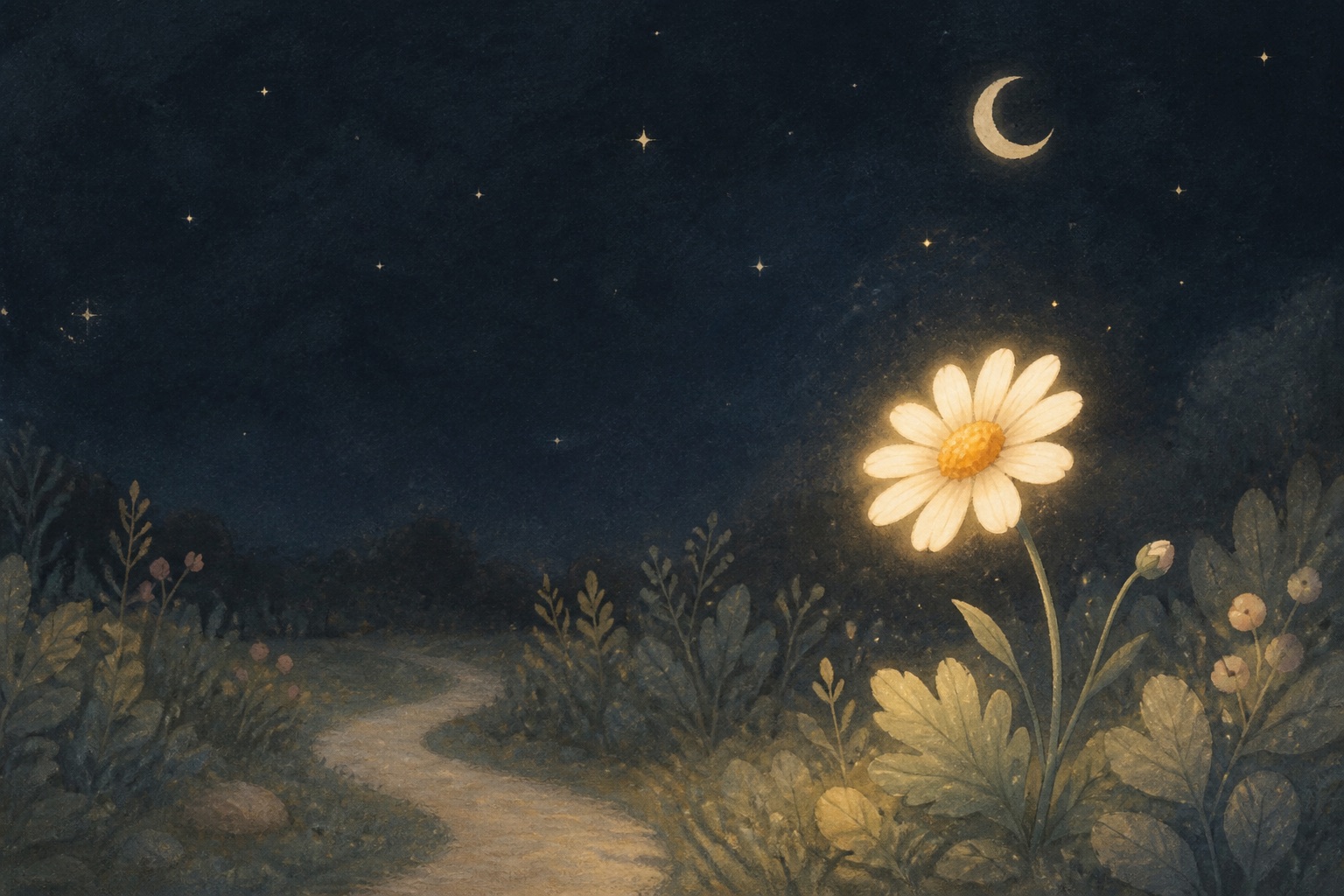 A glowing chamomile flower in a moonlit garden