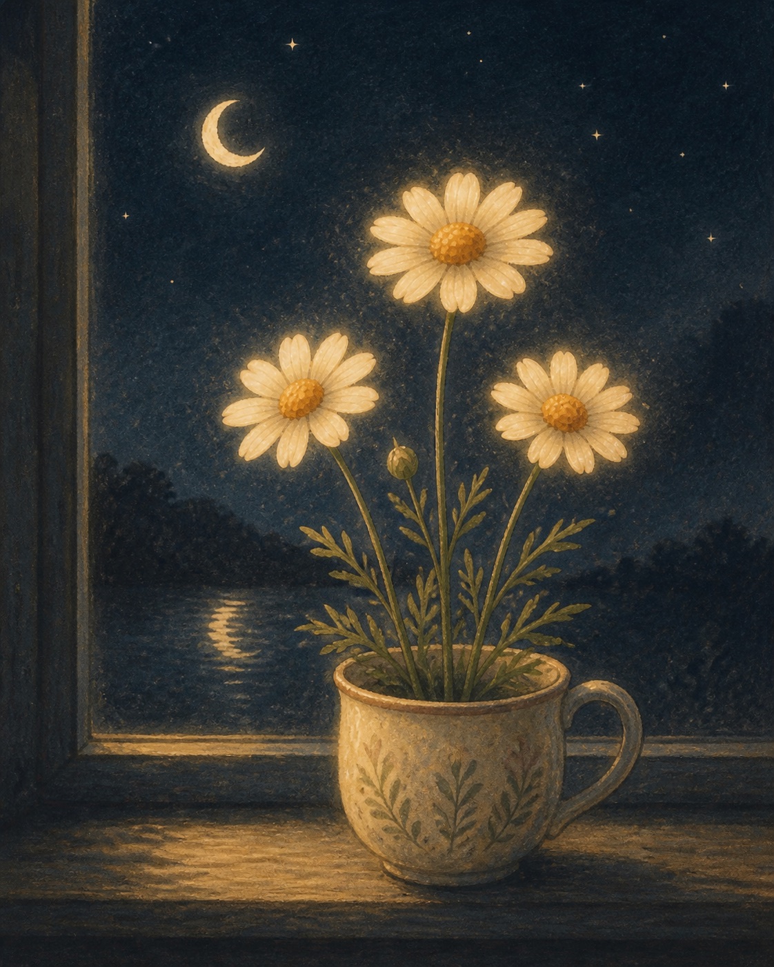 Three chamomile flowers glowing beside a moonlit window